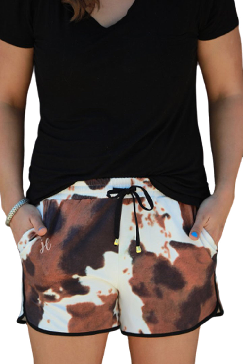 Cow Print Straight Leg Drawstring Mid Waist Shorts