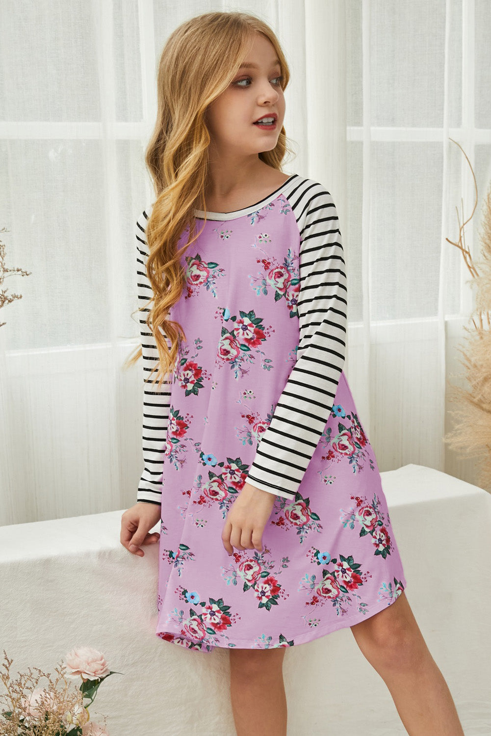 Girls Floral Striped Raglan Sleeve Dress