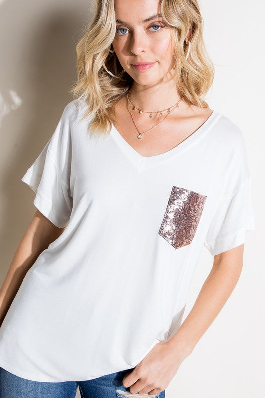 SOLID SEQUIN POCKET BOXY TOP