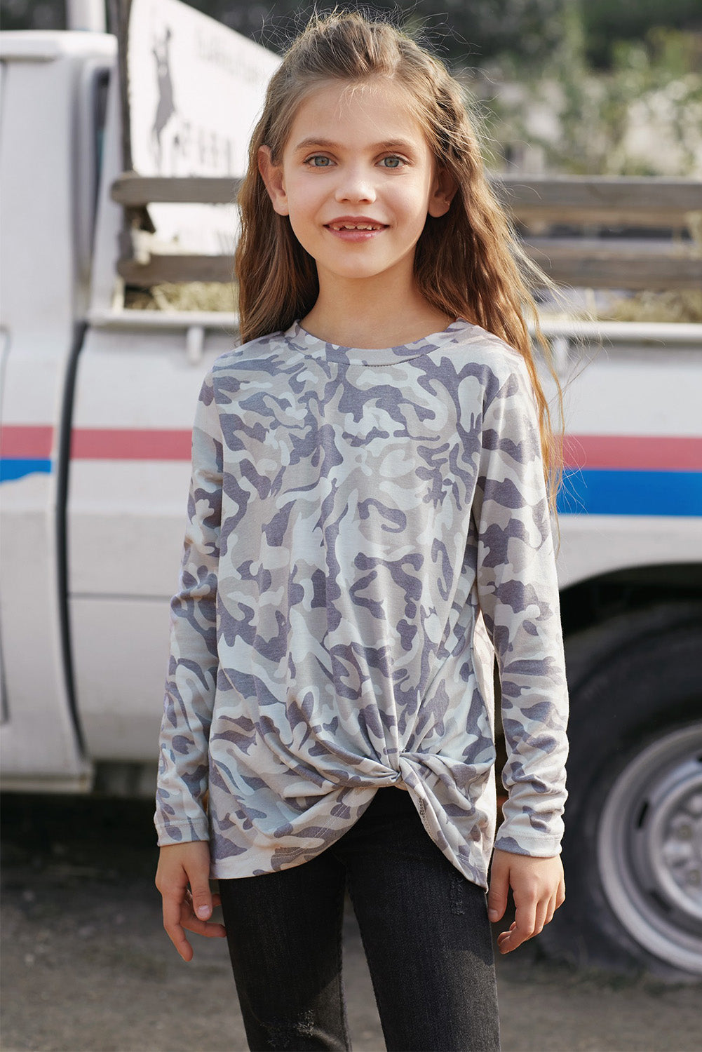 Girls Printed Round Neck Twisted Top