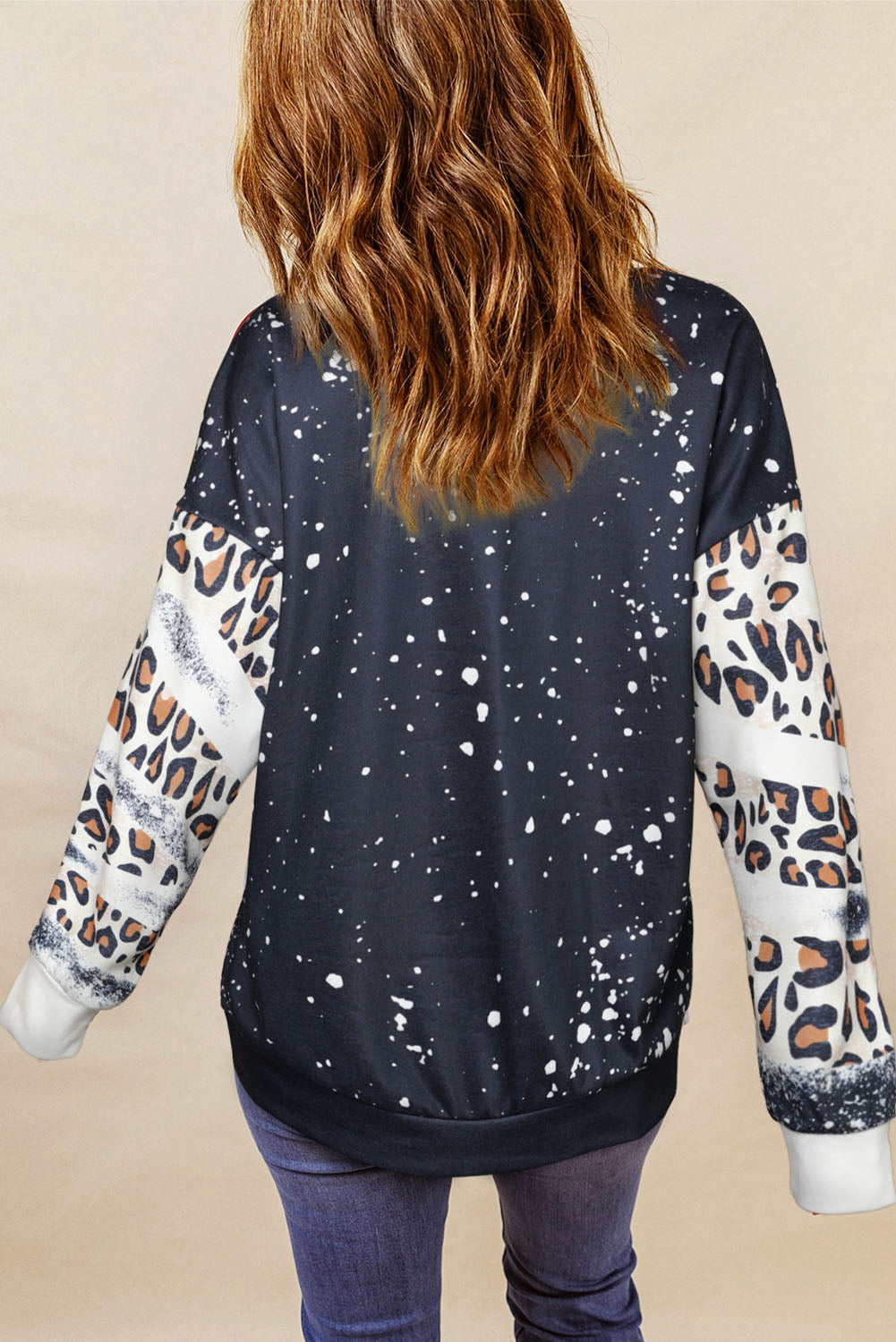 Merry Christmas Multi Tree Print Leopard Sleeve Sweatshirt