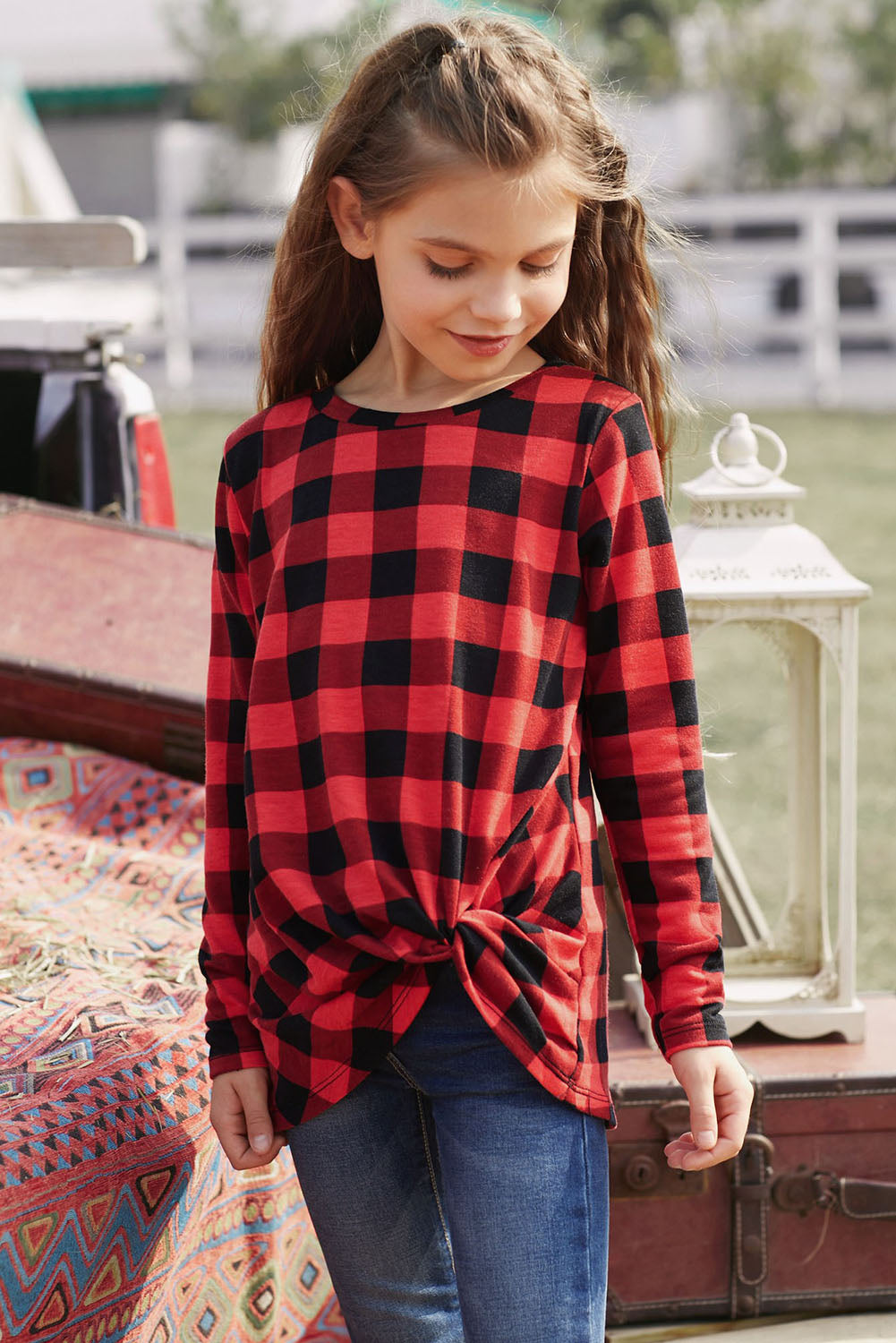 Girls Plaid Twist Front Tunic Top