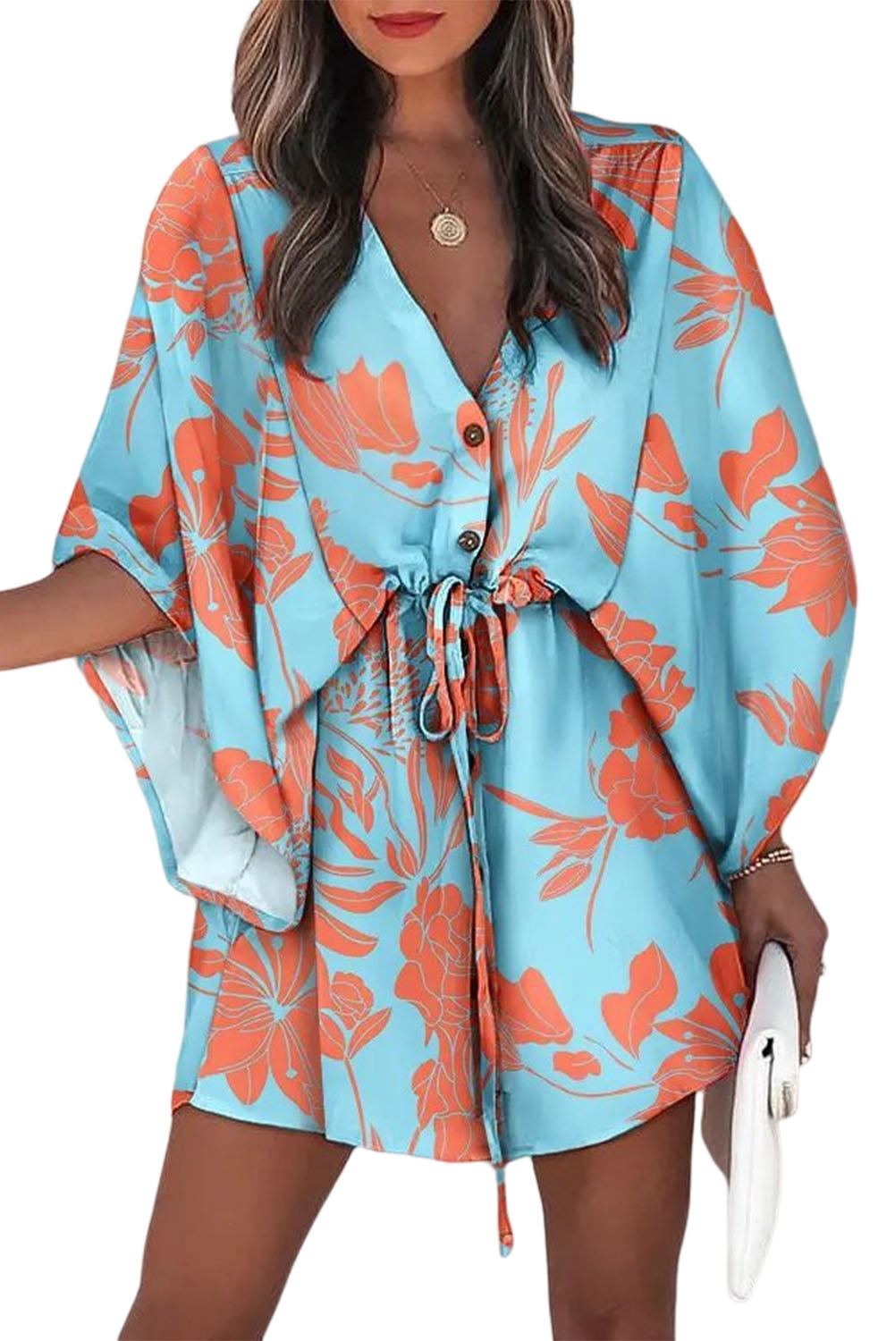 Geometric Print Button Drawstring Batwing Sleeve Dress