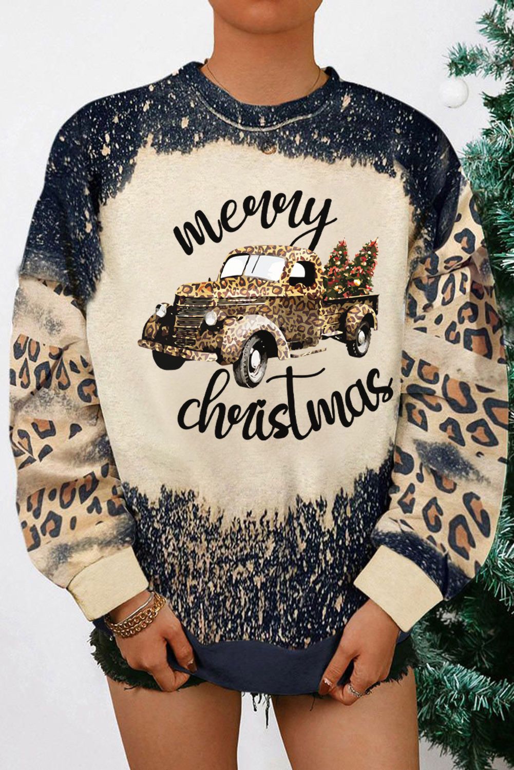 Merry Christmas Multi Tree Print Leopard Sleeve Sweatshirt