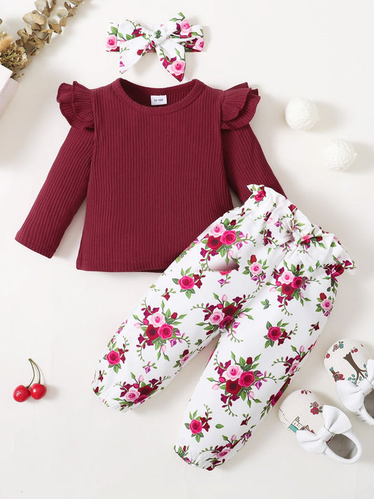 Girls Ribbed Top and Floral Bow Detail Pants Set