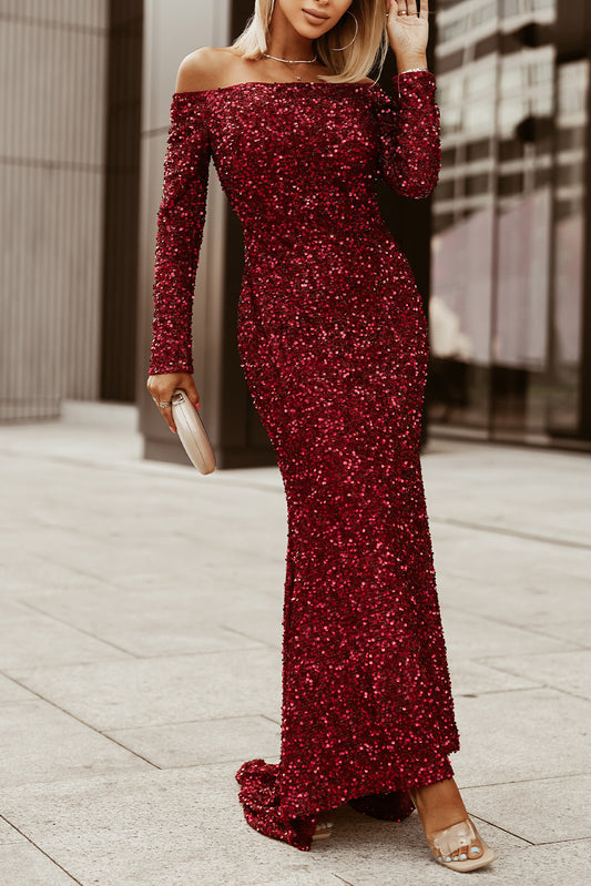 Charleston Nights Sequin Off Shoulder Long Sleeve Evening Gown