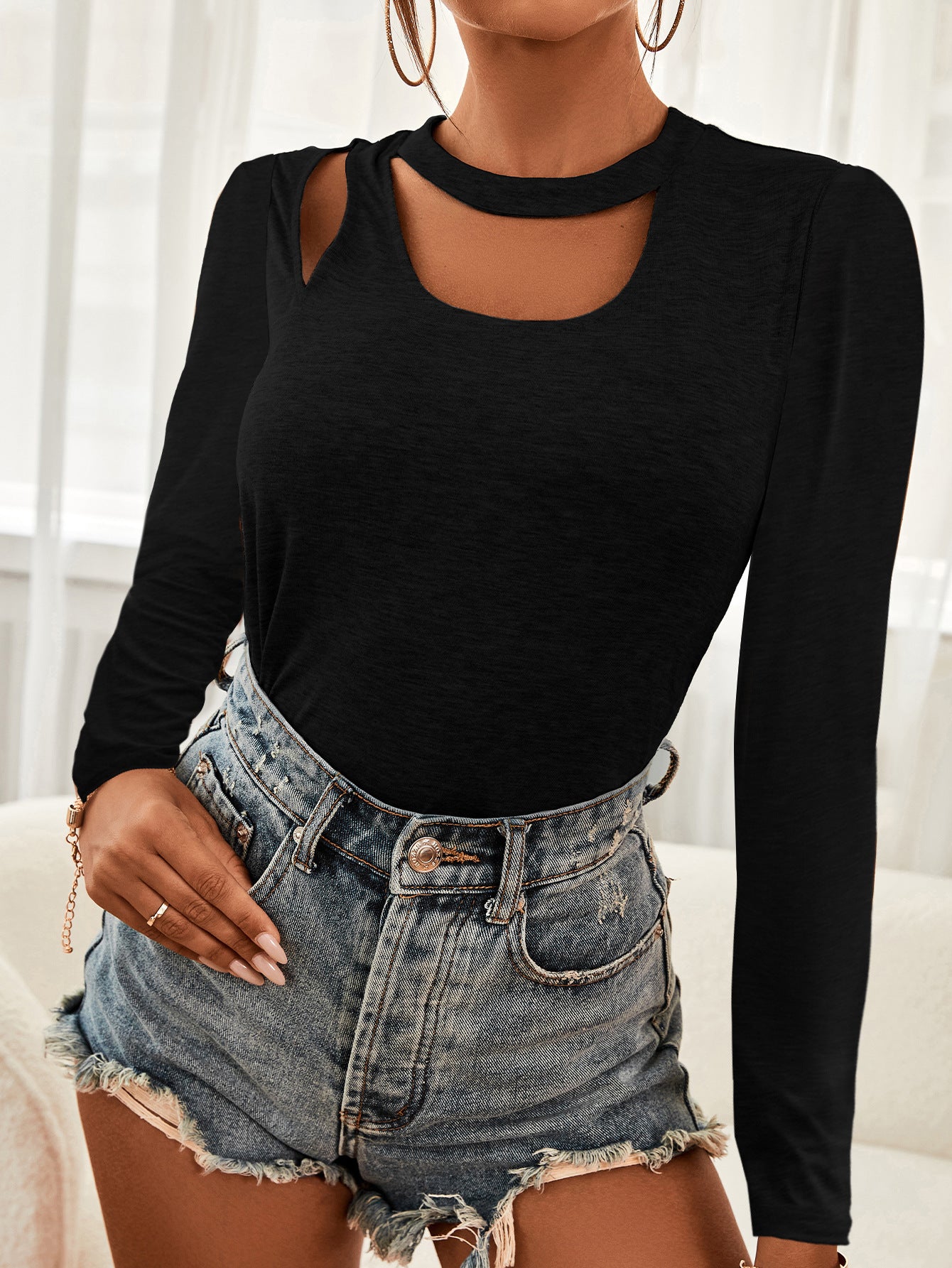 Cutout Long Sleeve Round Neck Top