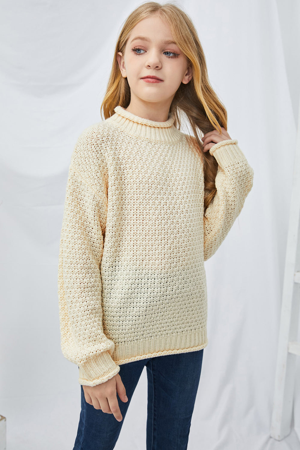 Girls Rolled Hem Dropped Shoulder Sweater