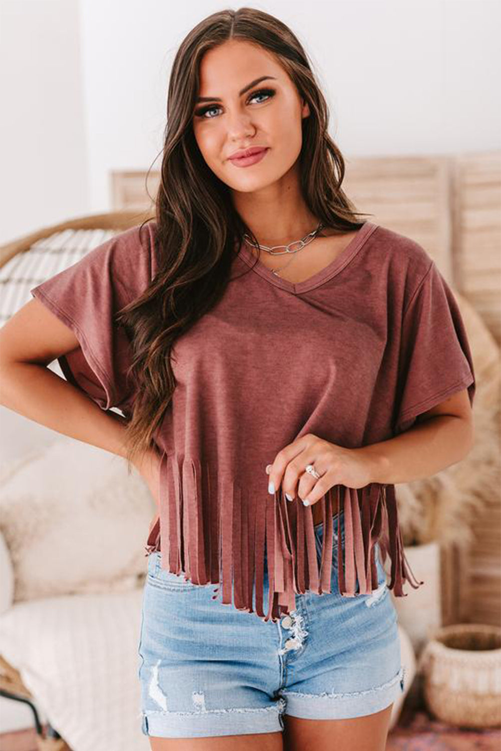 Fringe Hem V Neck T Shirt