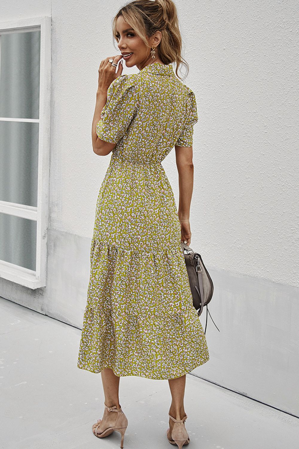 Printed Button Front Short Puff Sleeve Midi Dress