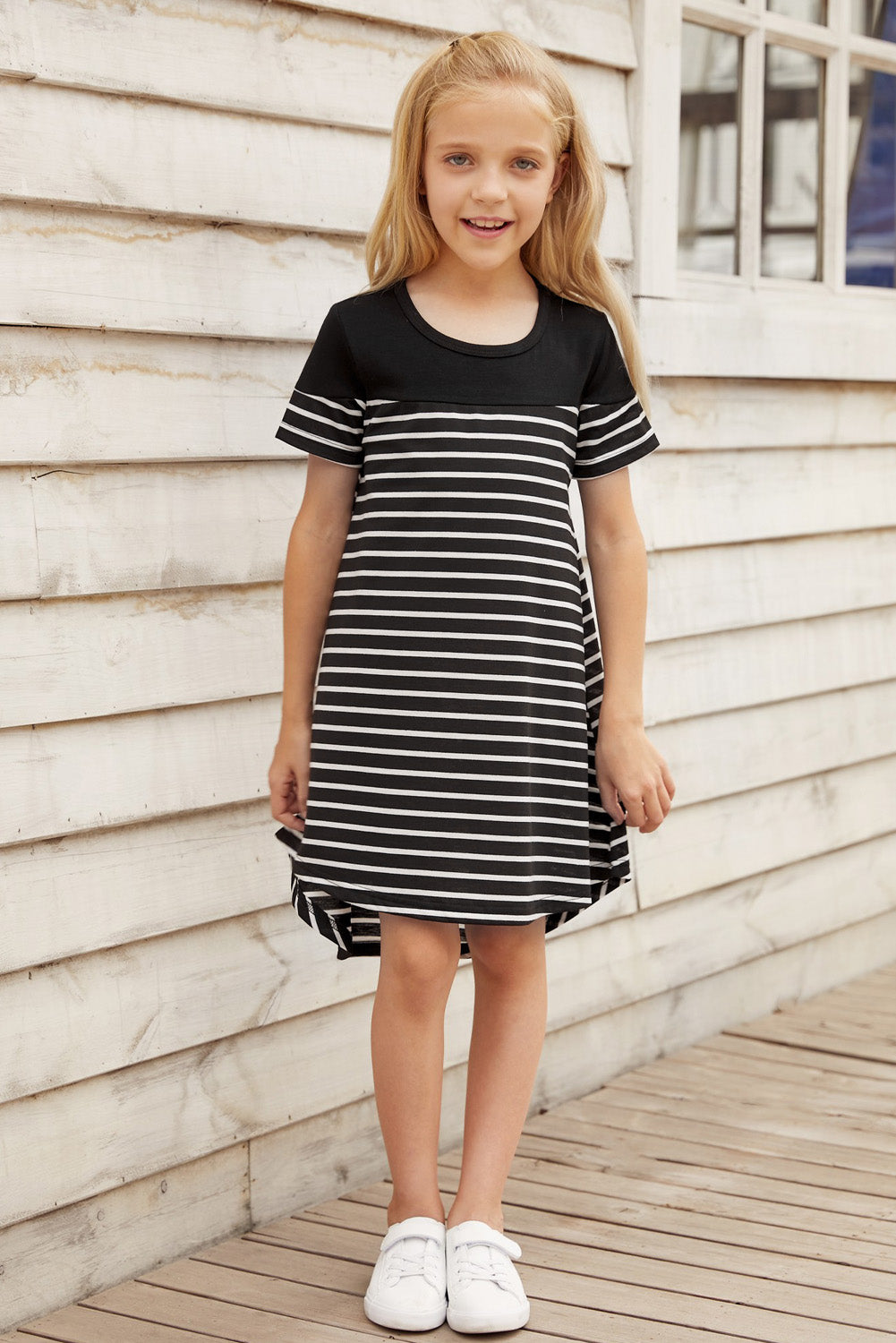 Girls Striped Contrast Round Neck T-Shirt Dress