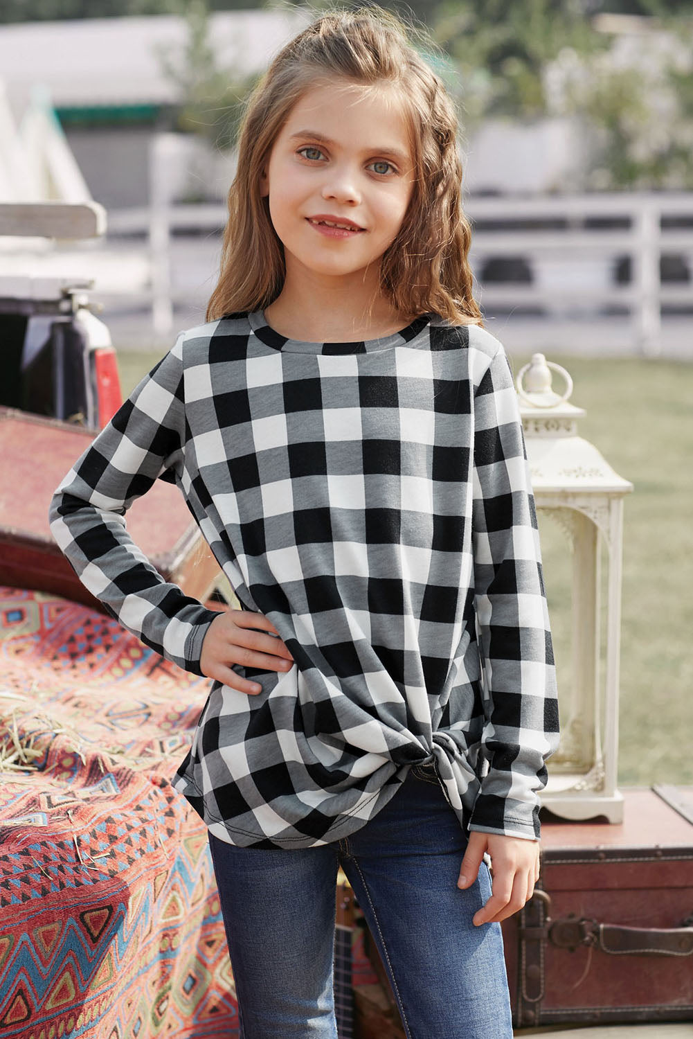 Girls Plaid Twist Front Tunic Top