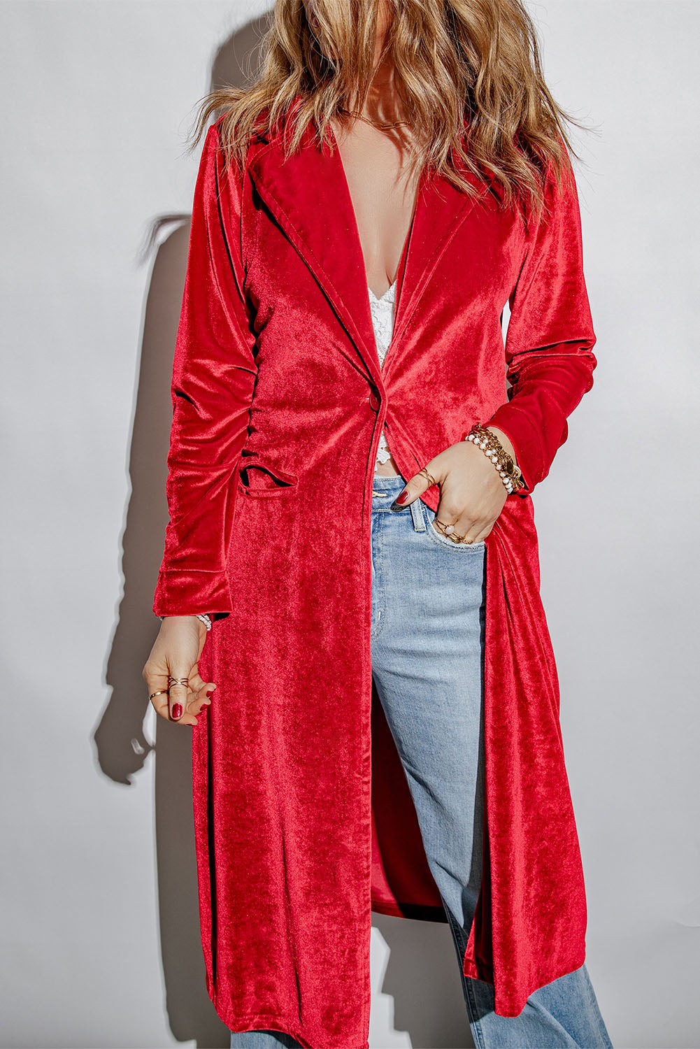 Retro Velvet Long Sleeve Pocket Coat