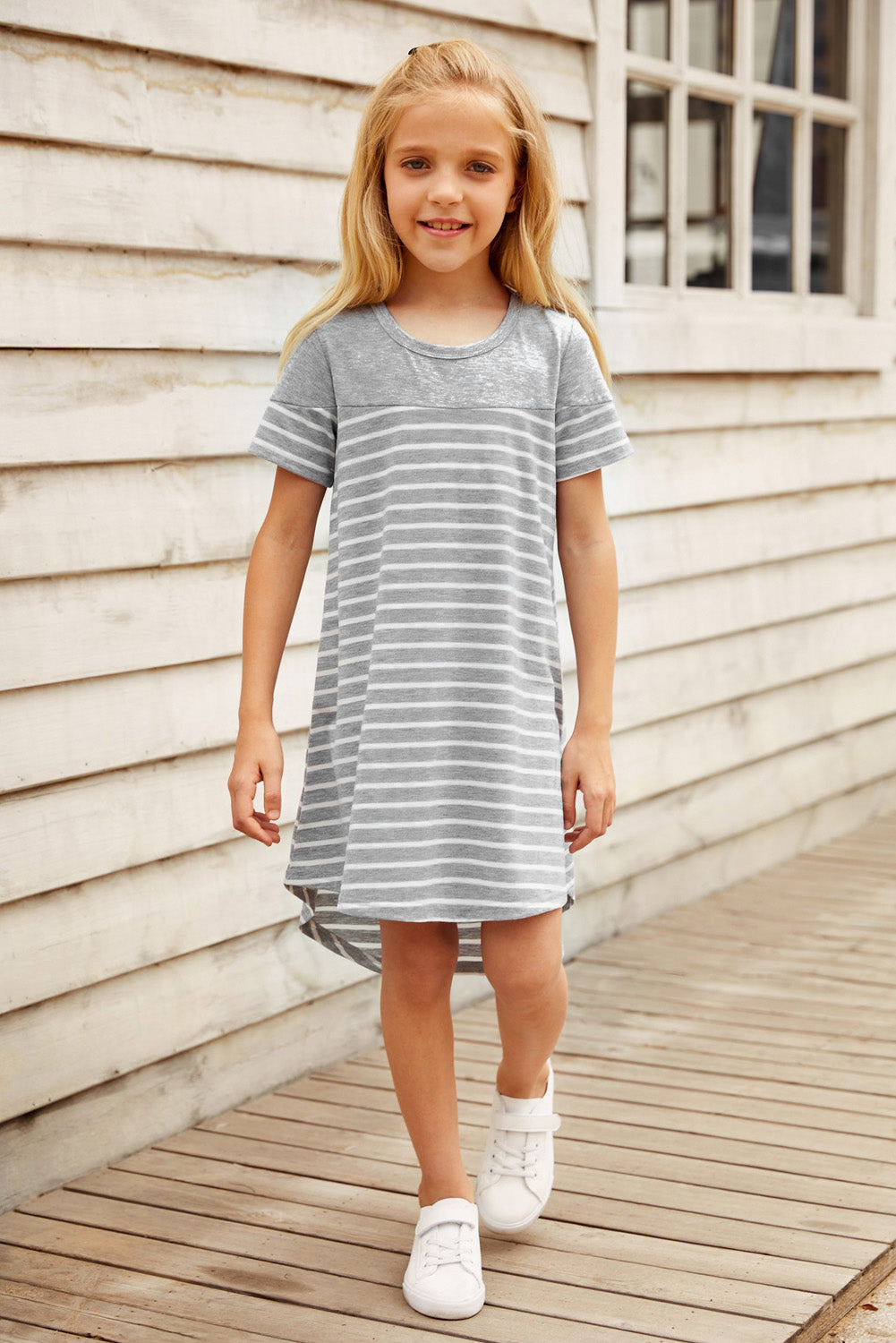 Girls Striped Contrast Round Neck T-Shirt Dress