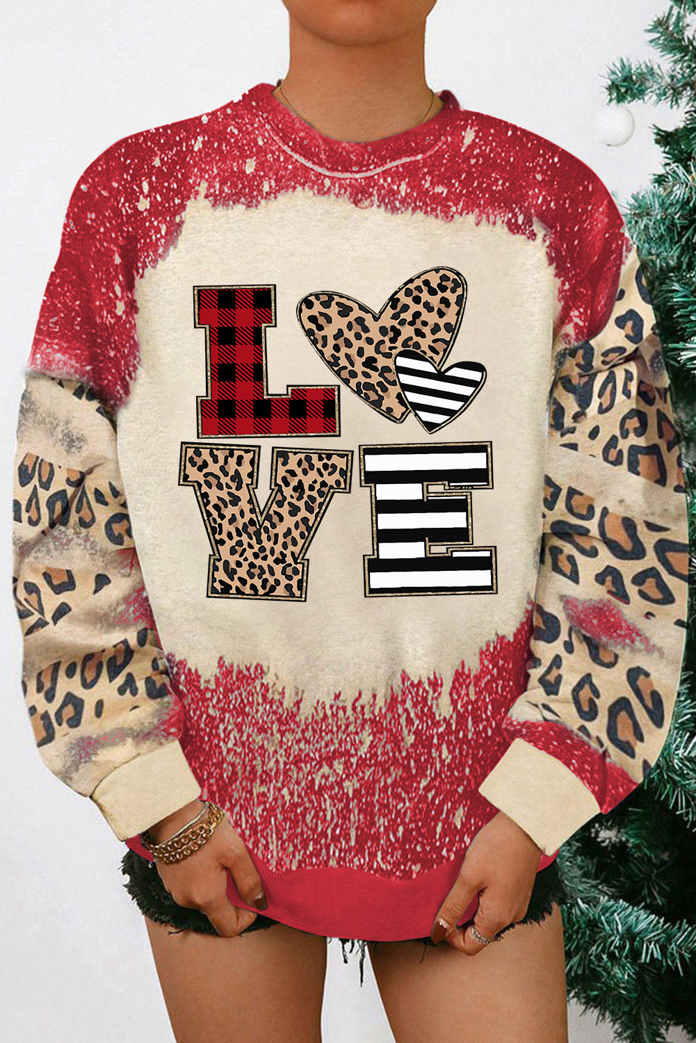 Merry Christmas Multi Tree Print Leopard Sleeve Sweatshirt