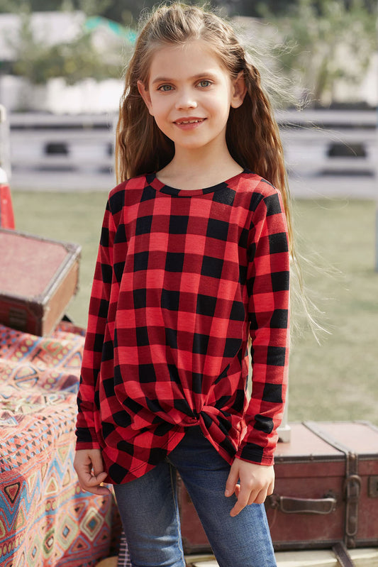 Girls Plaid Twist Front Tunic Top