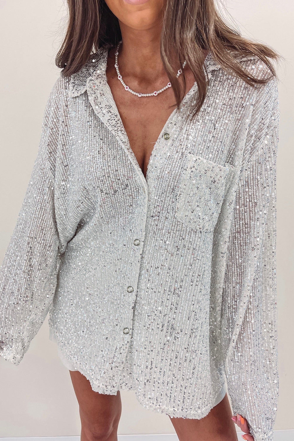 Charleston Nights Sequin Pocketed Loose Shirt