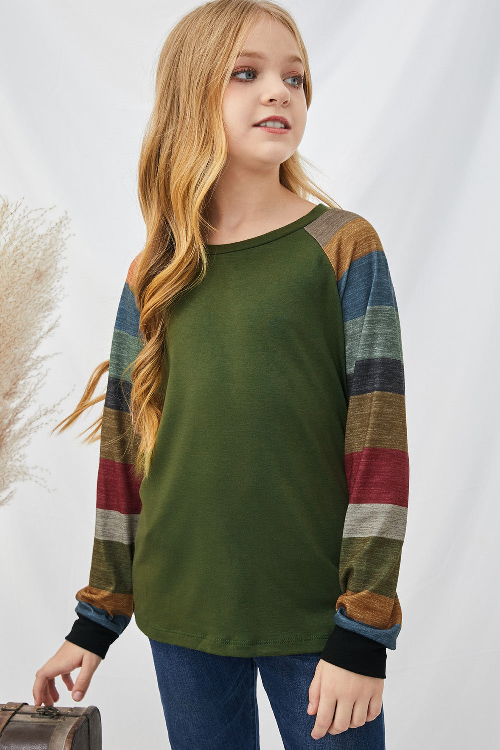 Girls Striped Raglan Sleeve Round Neck Top