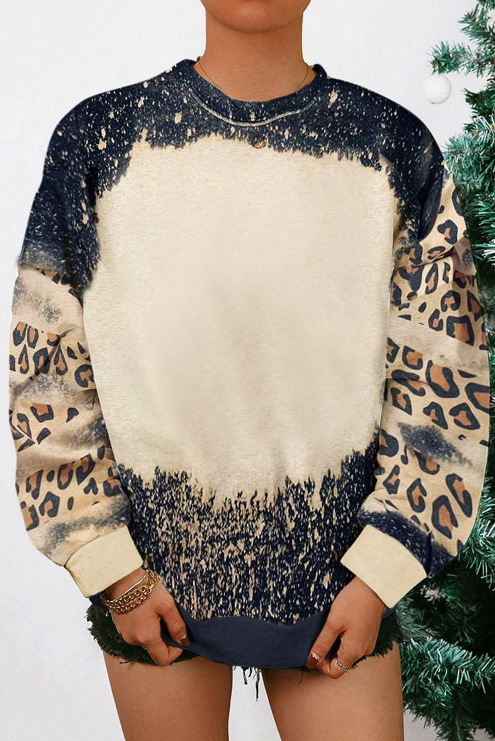 Merry Christmas Multi Tree Print Leopard Sleeve Sweatshirt