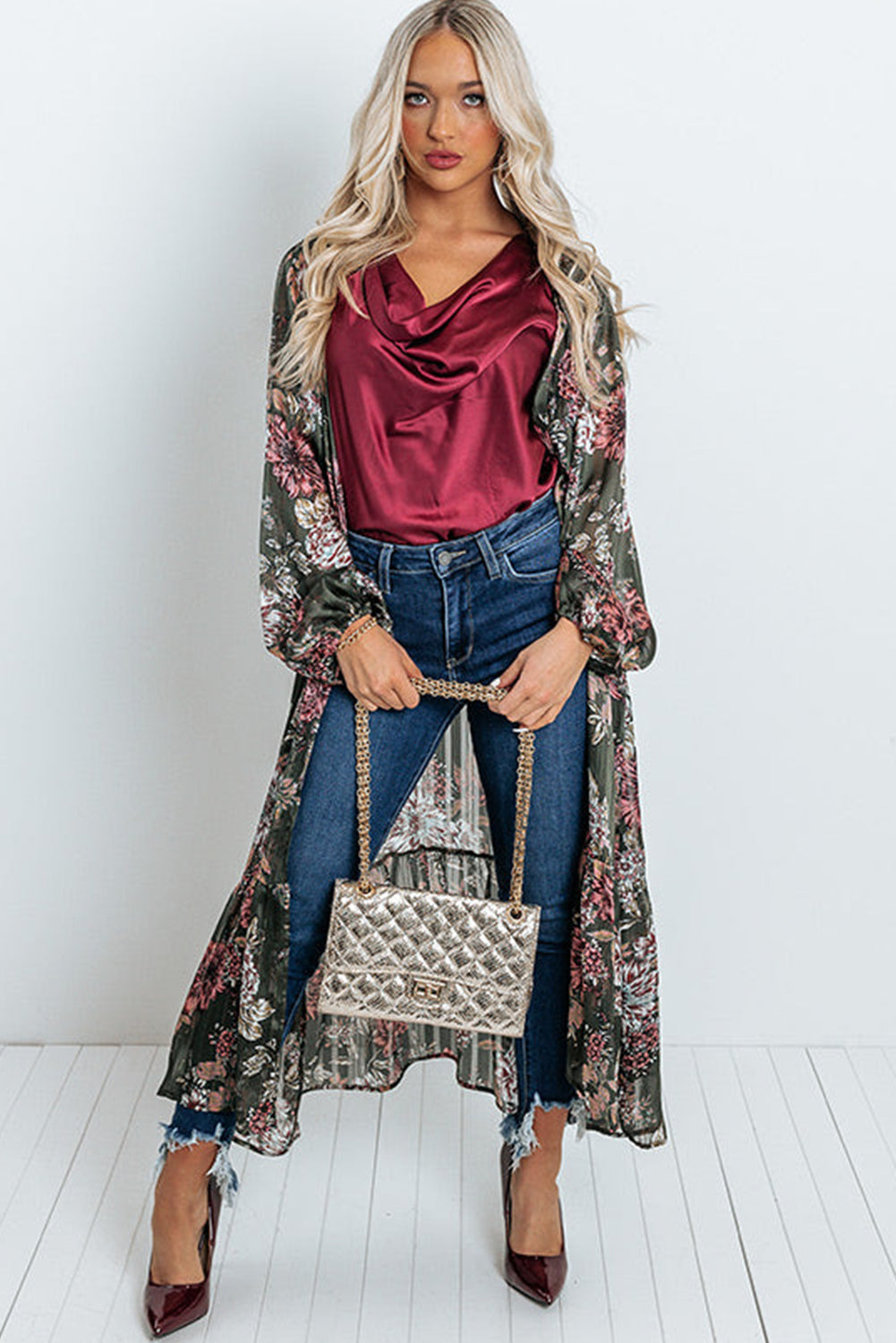 Floral Draped Open Front Duster Cardigan