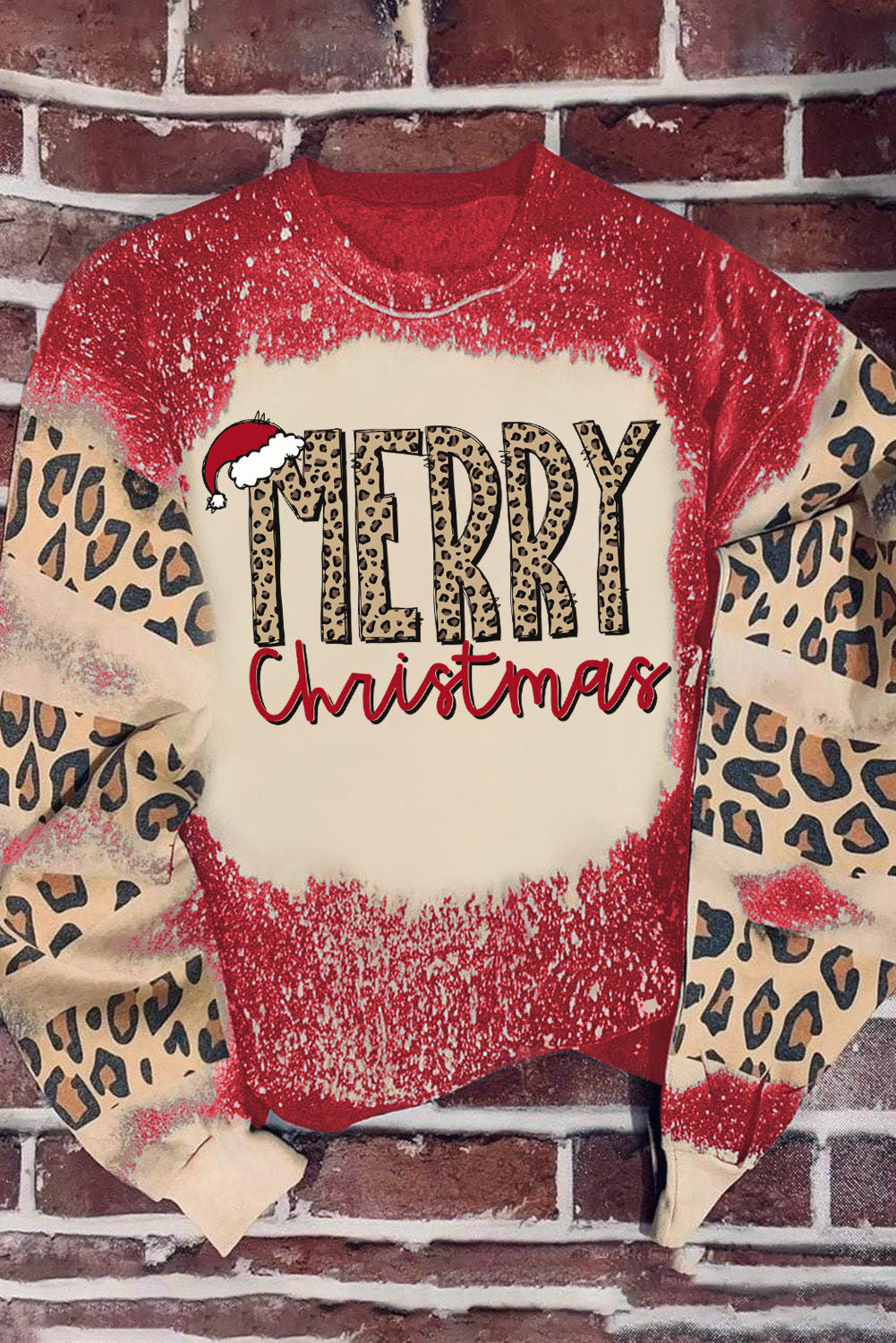 Merry Christmas Multi Tree Print Leopard Sleeve Sweatshirt