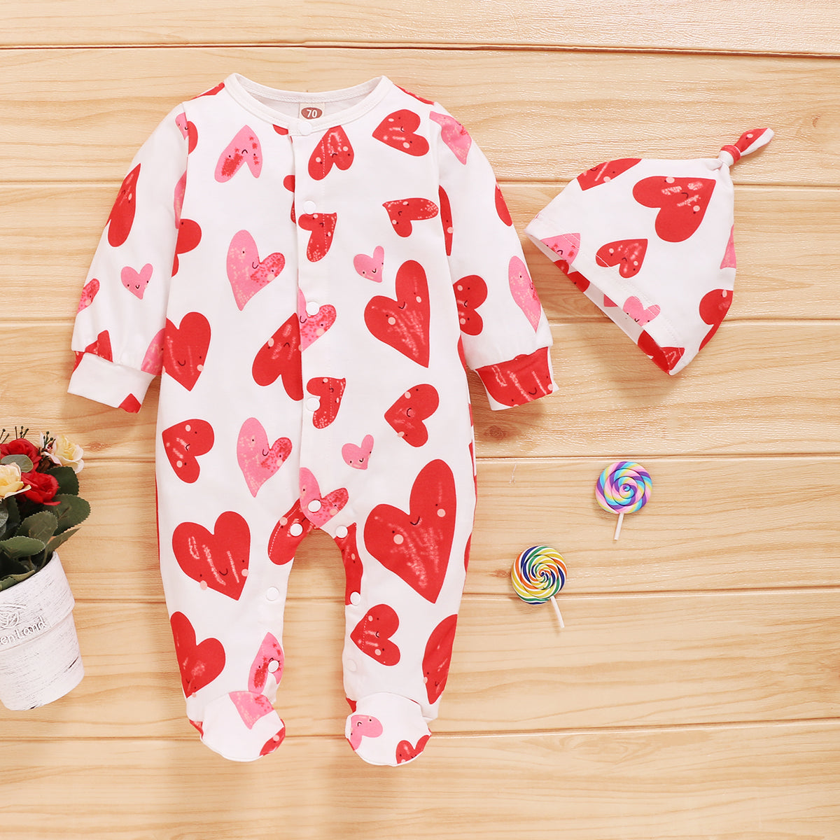 Baby Girl Heart Print Jumpsuit with Beanie