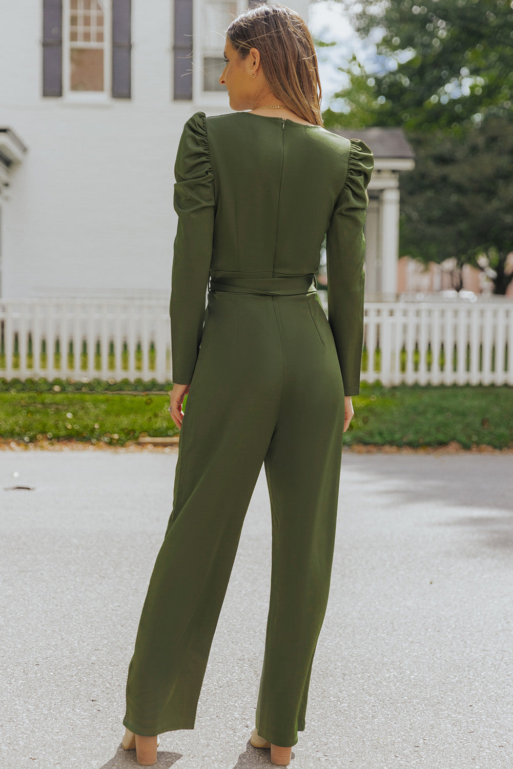 Belted Long Puff Sleeve V-Neck Jumpsuit