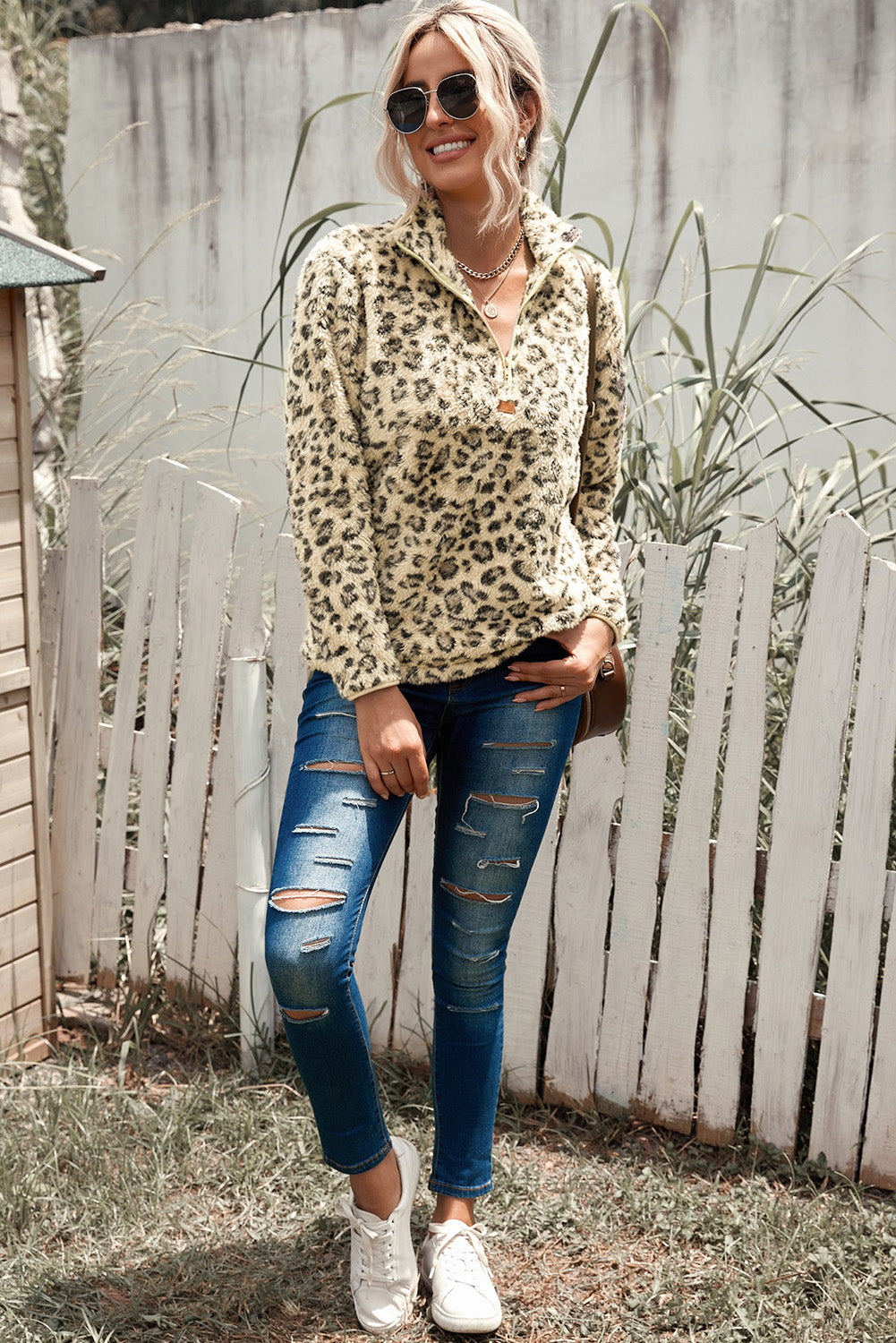 Women Leopard Quarter-Zip Fleece Sweatshirt