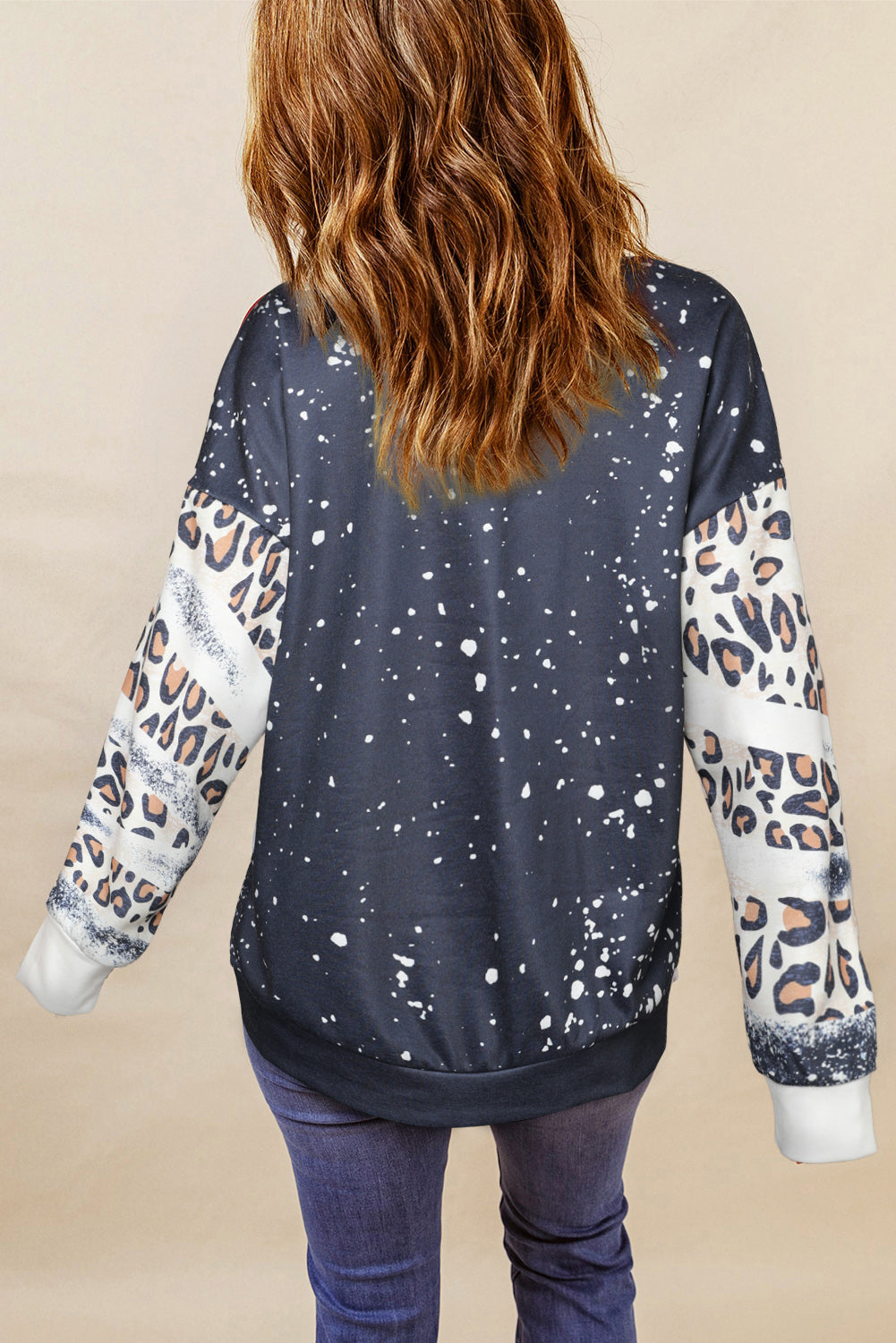 Merry Christmas Multi Tree Print Leopard Sleeve Sweatshirt