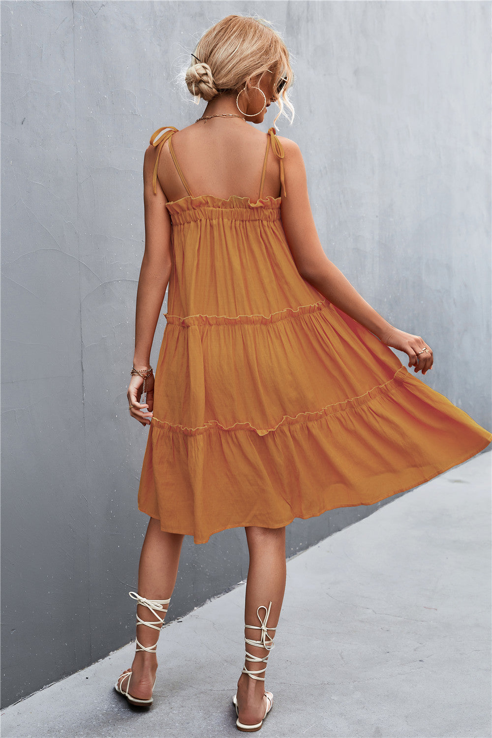 Tie-Shoulder Frill Trim Sleeveless Dress