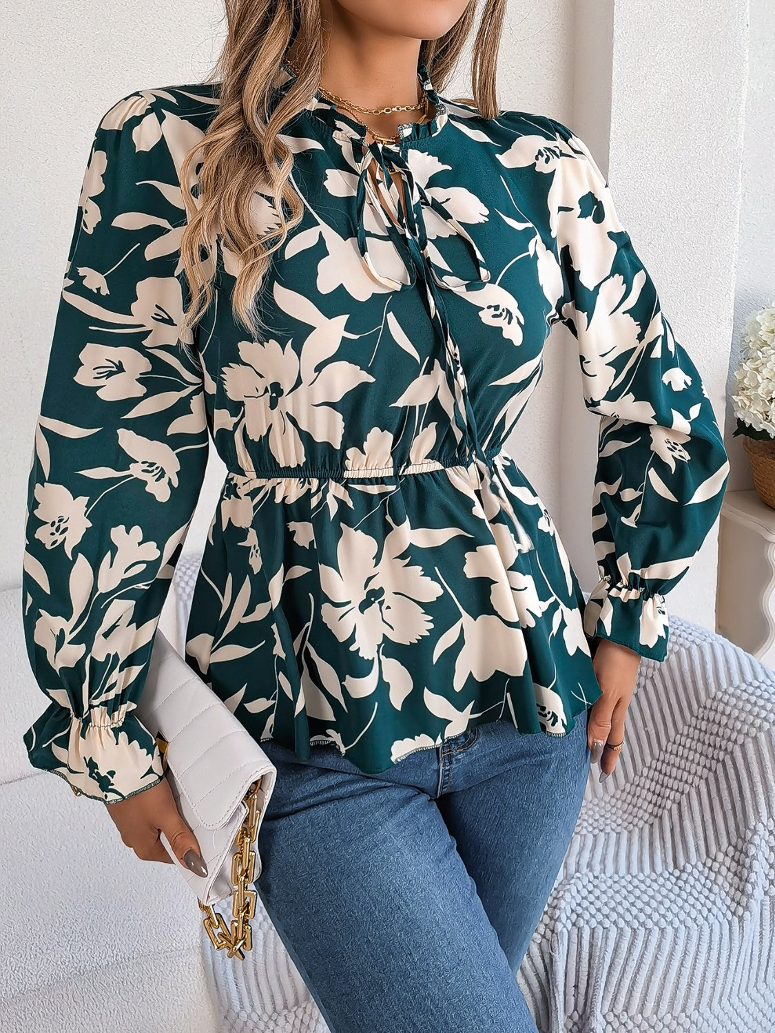 Printed Tie Neck Flounce Sleeve Blouse