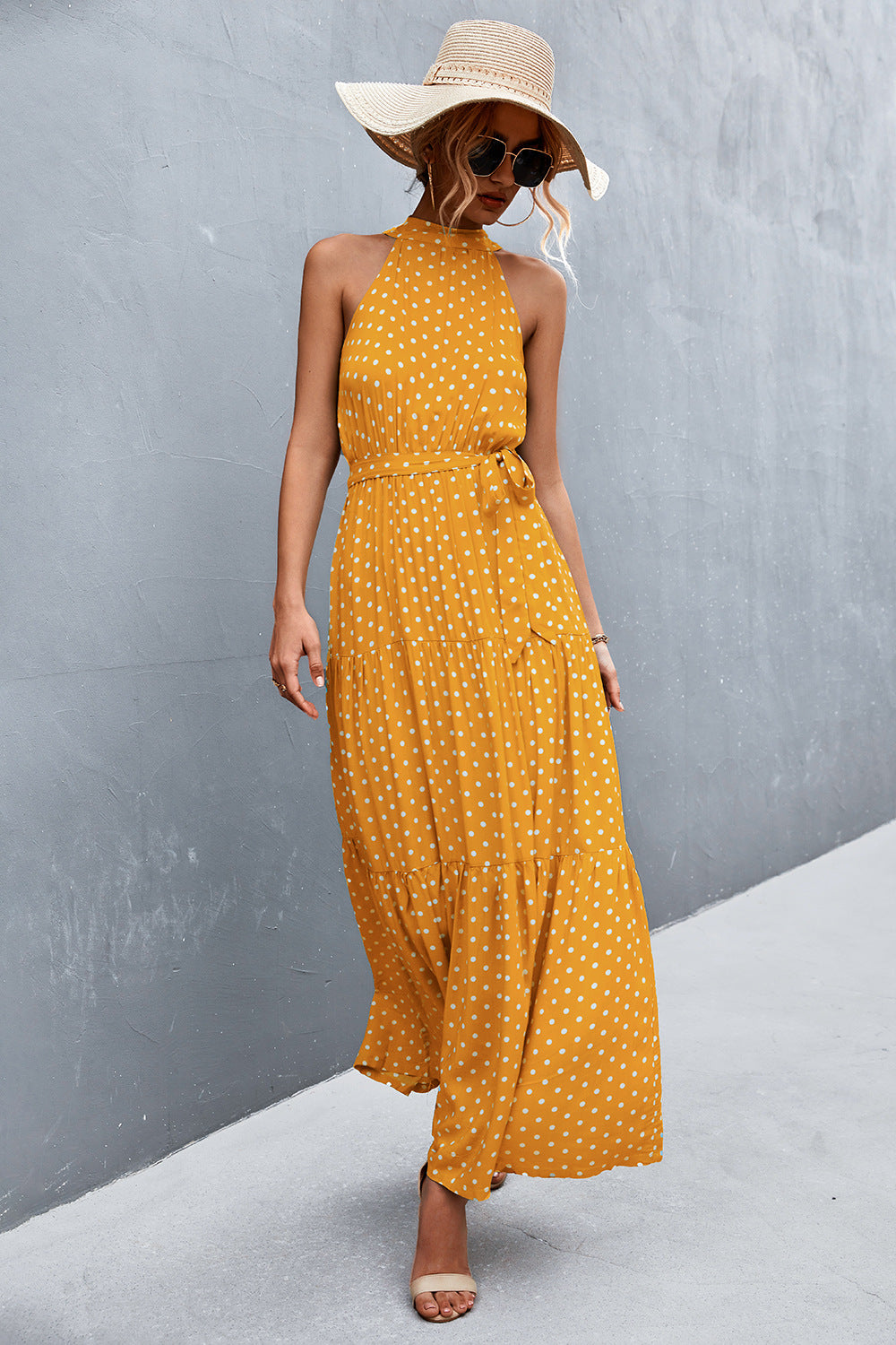 Printed Sleeveless Tie Waist Maxi Dress