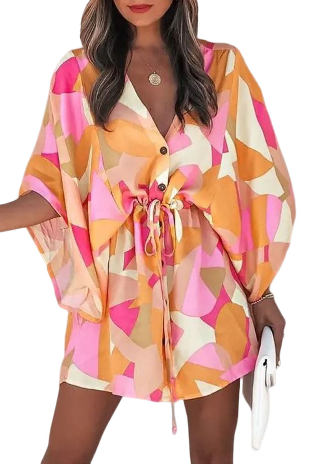 Geometric Print Button Drawstring Batwing Sleeve Dress