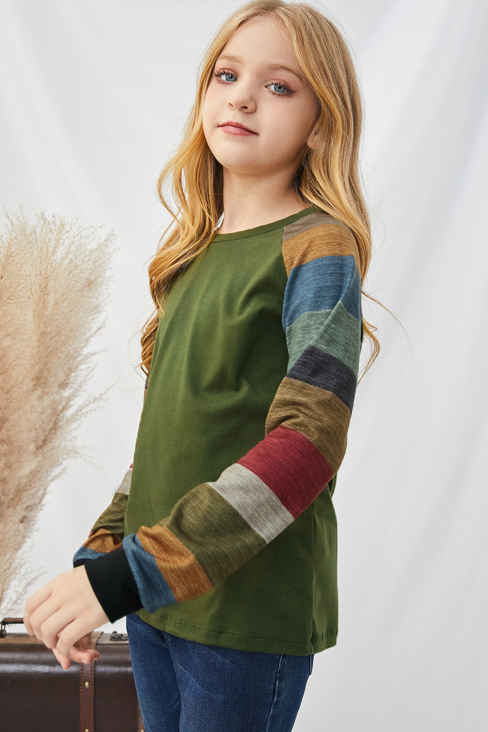 Girls Striped Raglan Sleeve Round Neck Top