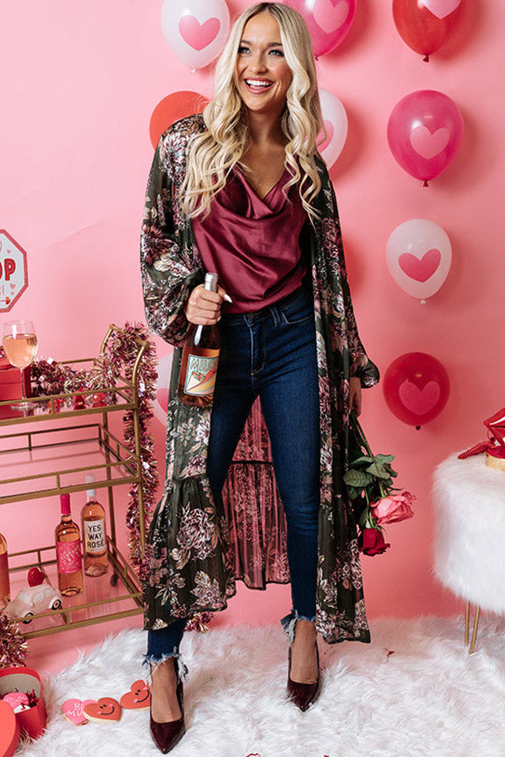 Floral Draped Open Front Duster Cardigan