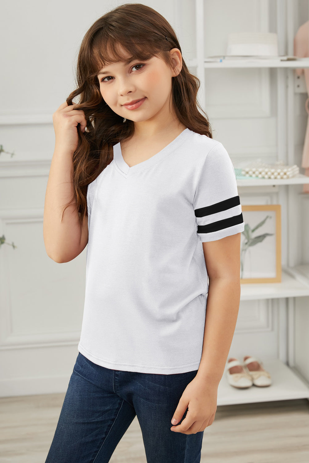 Girls Striped V-Neck Tee Shirt