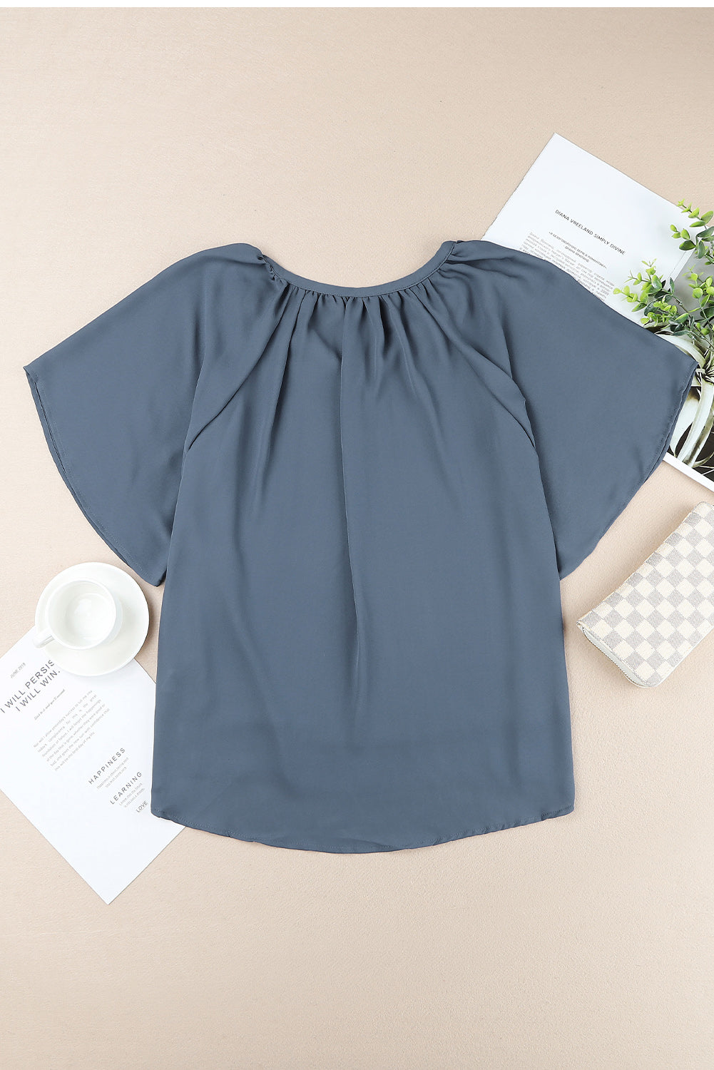 Gathered Detail Notched Neck Flutter Sleeve Top