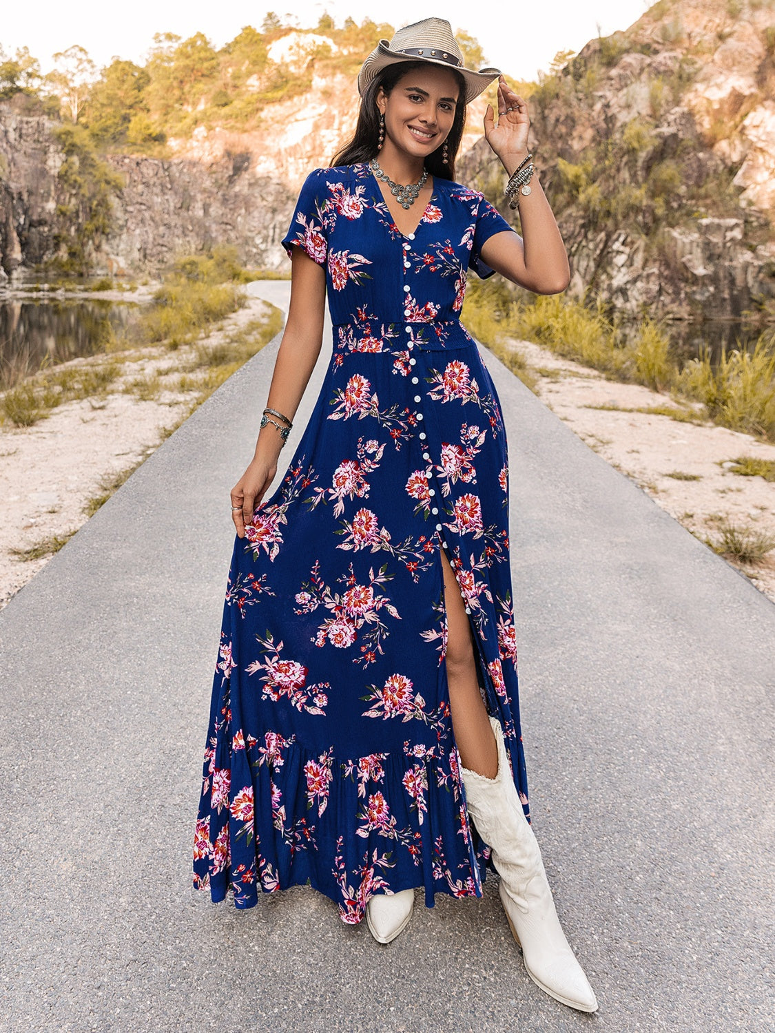 V-Neck Short Sleeve Maxi Dress