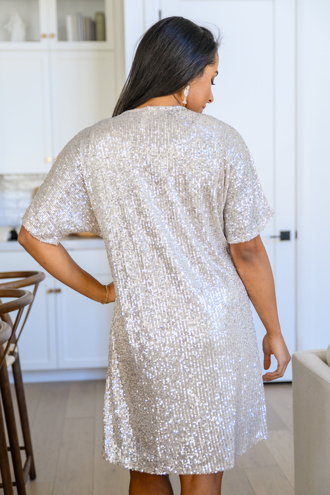 Charleston Nights Short Sleeve Sequin Dress In Taupe