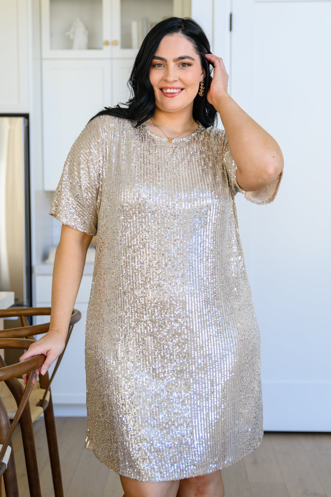 Charleston Nights Short Sleeve Sequin Dress In Taupe