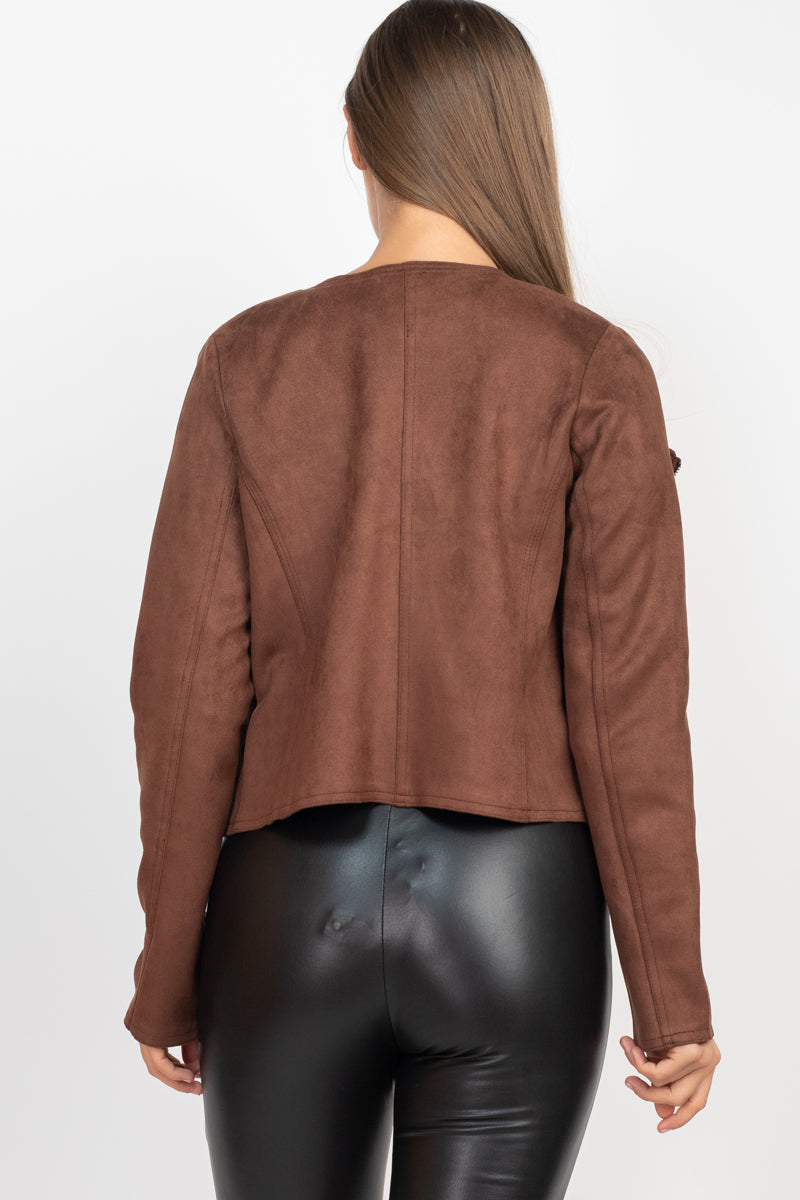 Cropped Zip-up Moto Suede Jacket