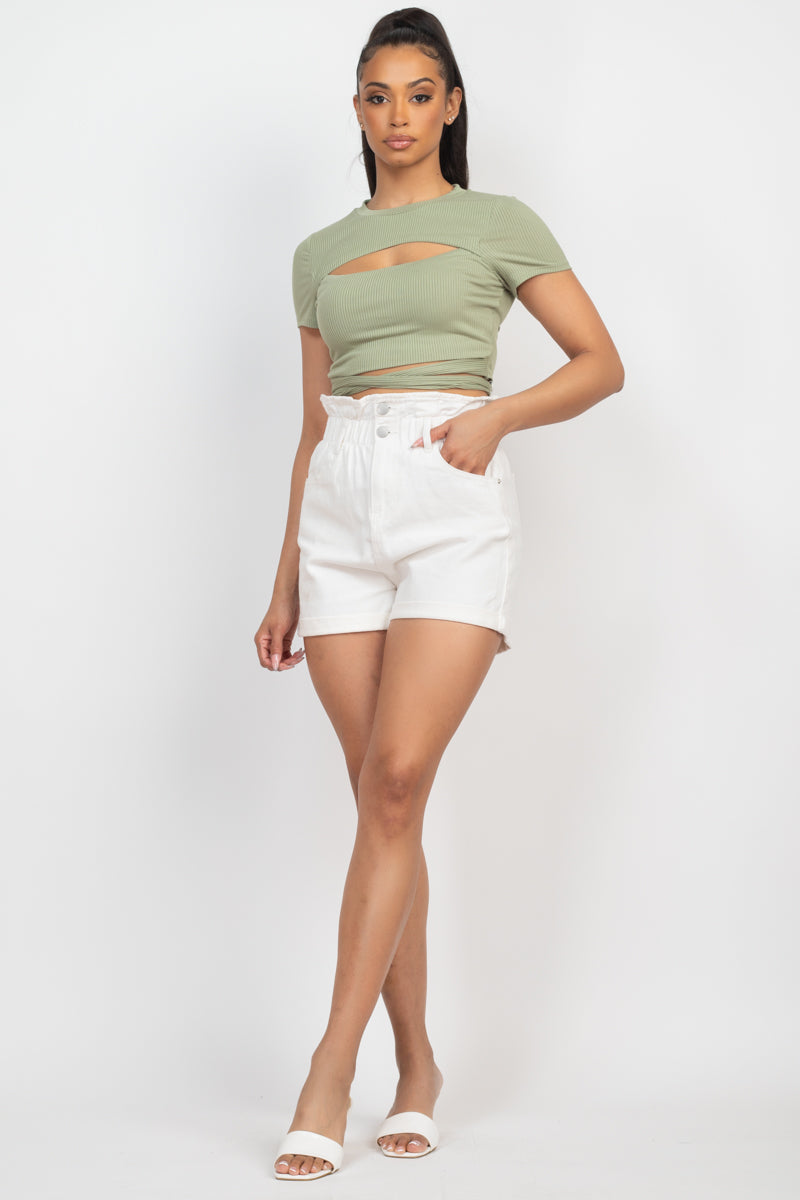 Self-tie Ribbon Front Cutout Crop Top