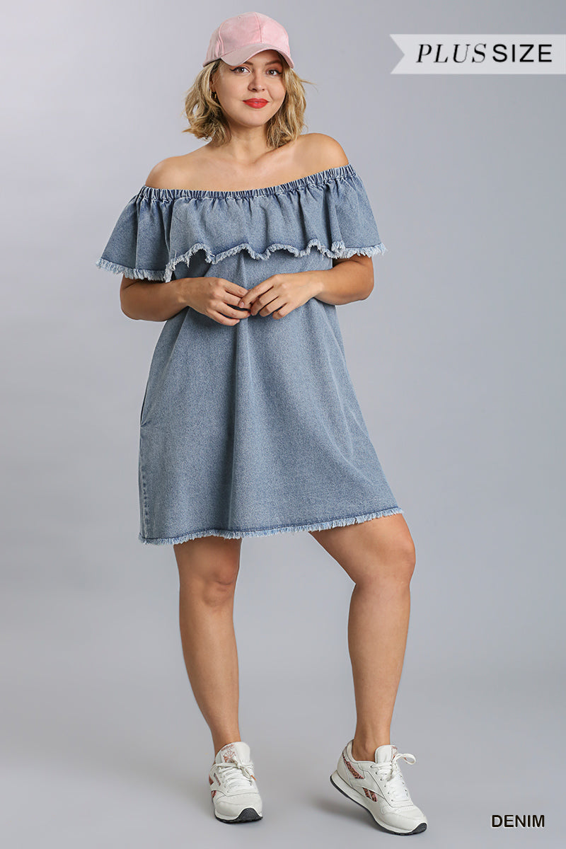 Off Shoulder Ruffled Denim Dress With Frayed Hem & Pockets