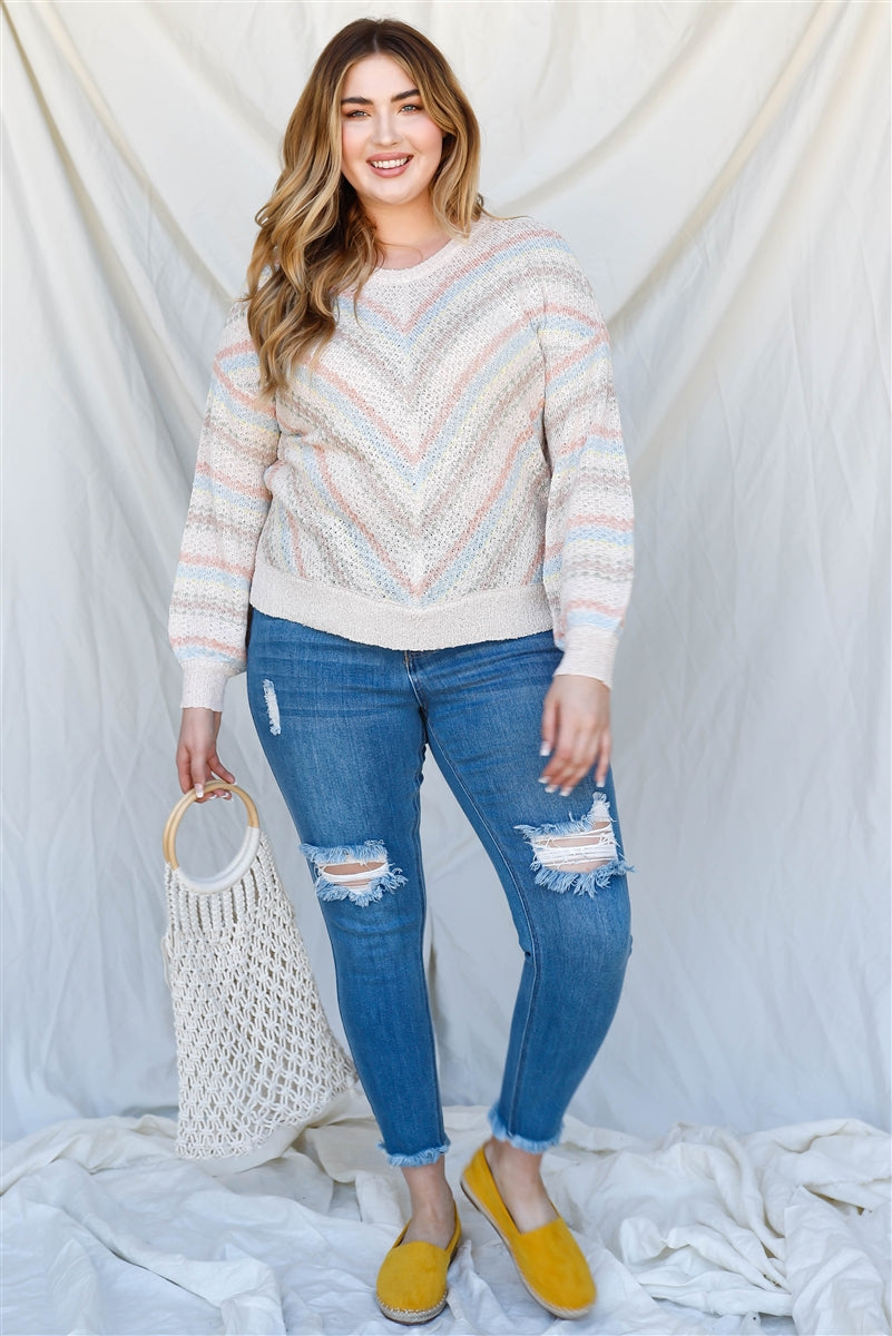 Plus Stripe Knit Cotton Blend Long Sleeve Top