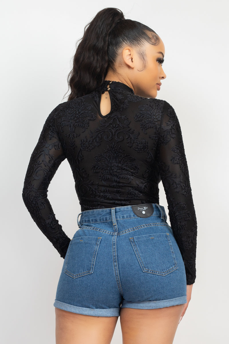 Embroidered Mock Neck Keyhole Bodysuit