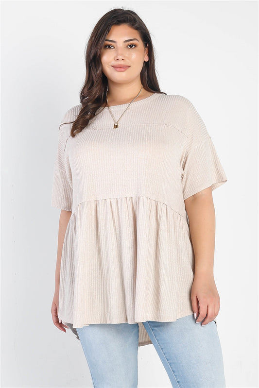 Plus Ribbed Trim Detail Short Sleeve Flare Hem Top