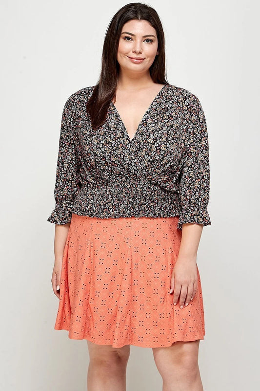 Plus Size, Ditsy Floral Print Blouse Top