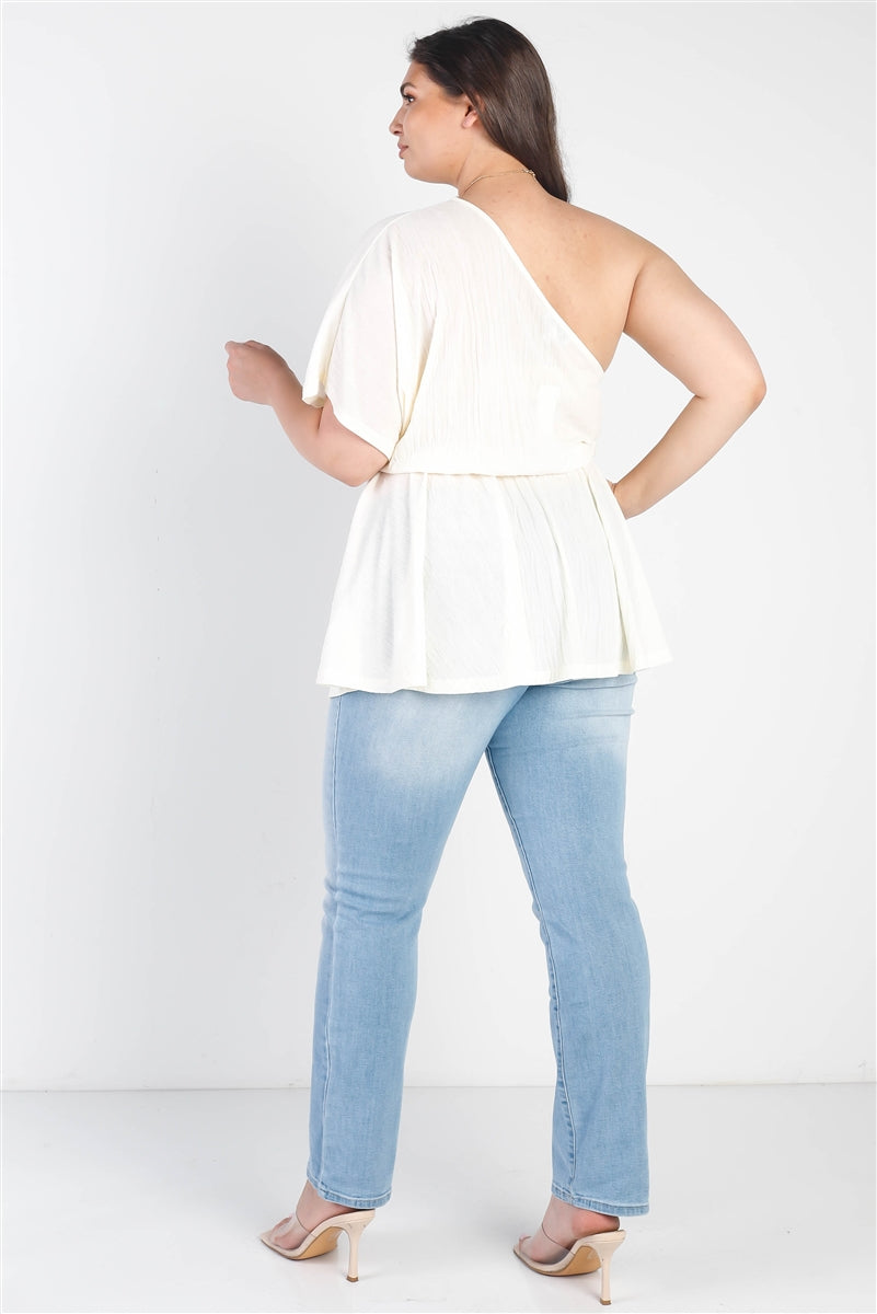 Plus Cream Textured One Shoulder Elasticized Waist Flare Hem Top