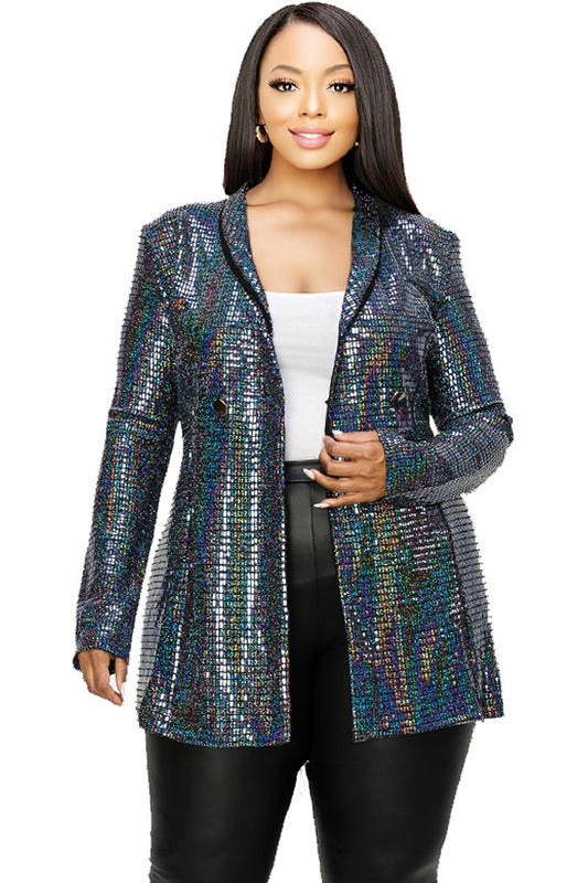 Charleston Nights Plus Disco Metallic Sequins Double Breasted Blazer