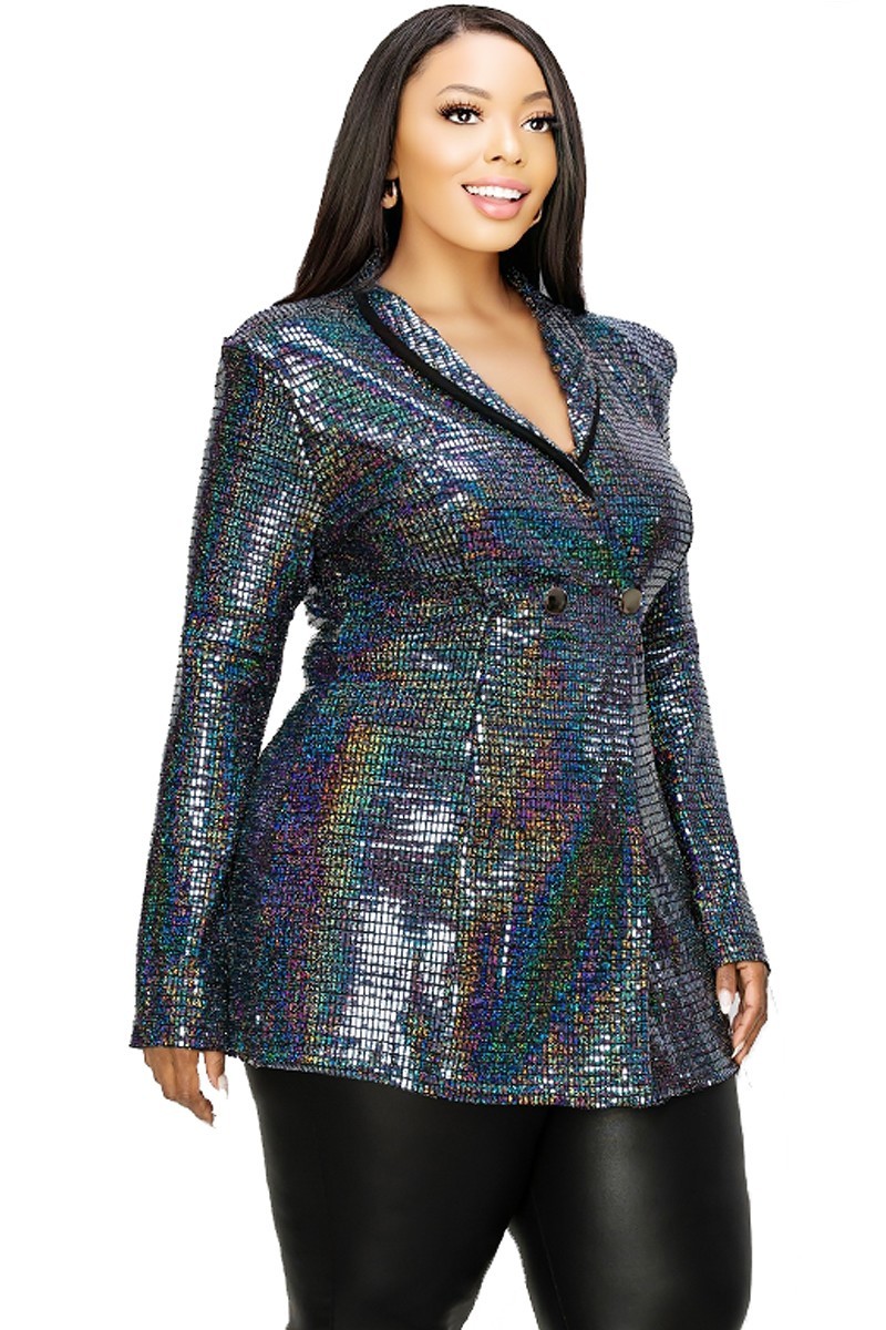 Charleston Nights Plus Disco Metallic Sequins Double Breasted Blazer